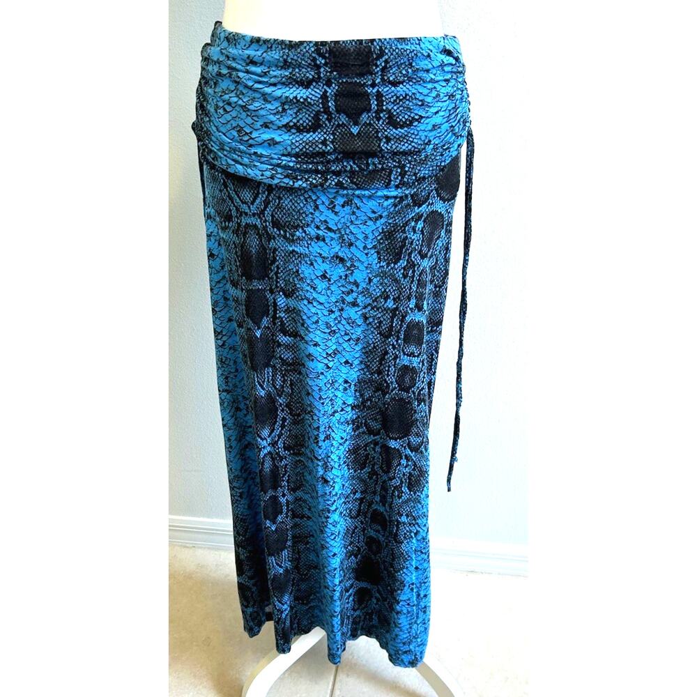 Y2K Fold Over Maxi Skirt blue Snakeskin animal print stretch DRESS M/LVENUS 90's